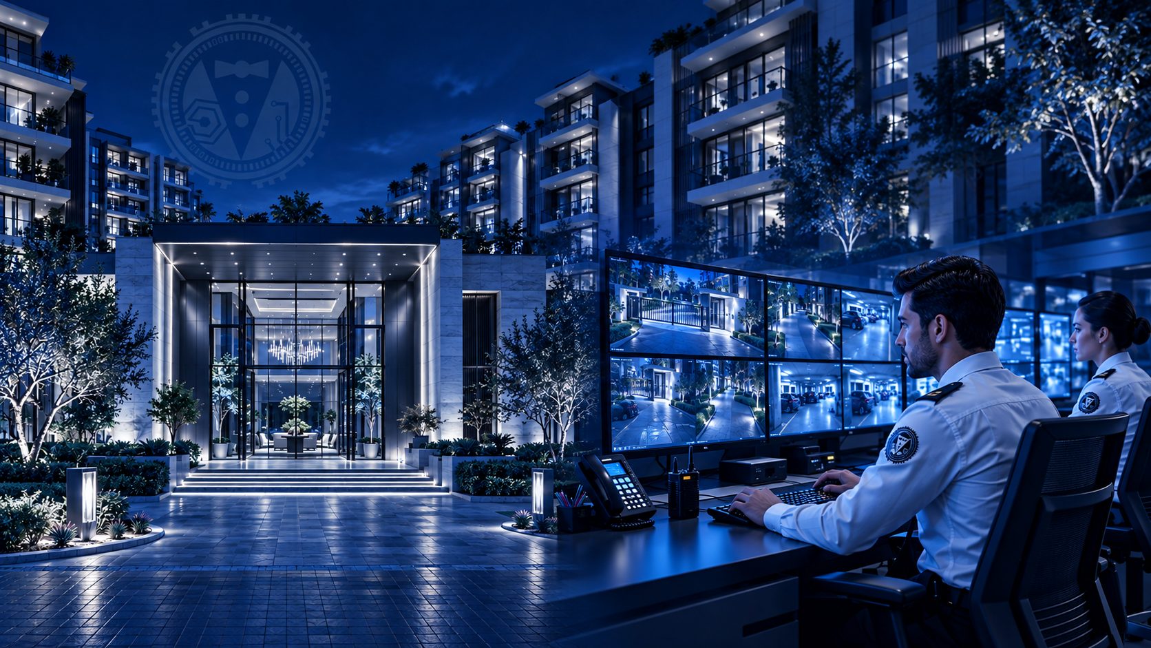 Acceso residencial y sala de monitoreo de noche