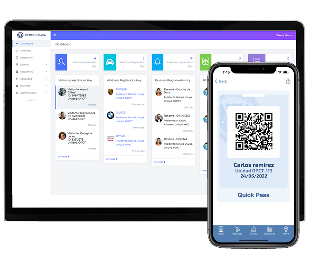 Código Qr en un teléfono y vista de Dashboard de la aplicación Optimus Casa